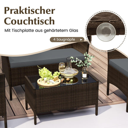 Ensemble de jardin 4 pièces en rotin avec coussins et table, gris