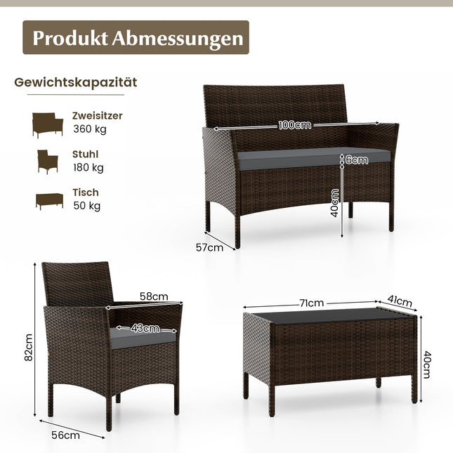 4-teiliges Rattan-Loungeset mit Kissen und Tisch, Grau
