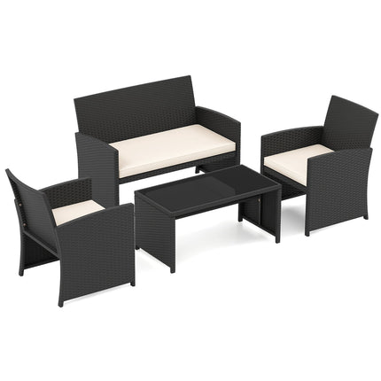 Ensemble de patio en rotin 4 pièces avec table basse en verre