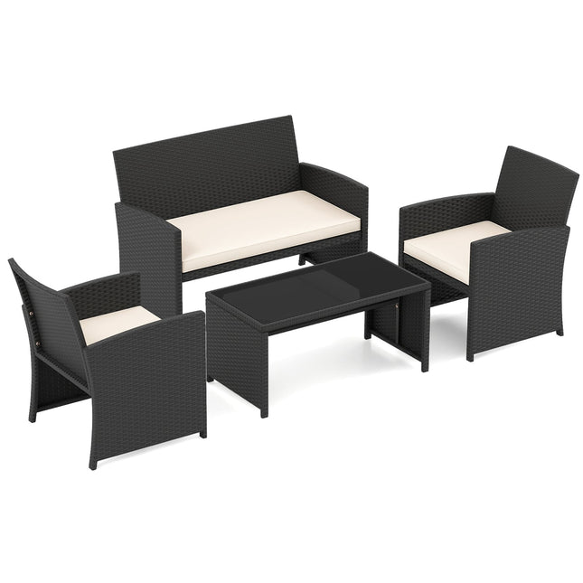 4-teiliges Rattan-Loungeset mit Glas-Couchtisch