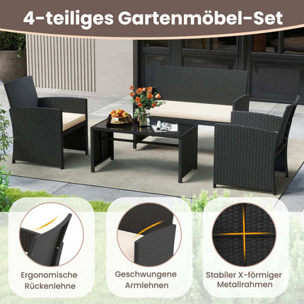 Ensemble de patio en rotin 4 pièces avec table basse en verre