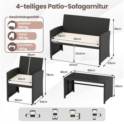 Ensemble de patio en rotin 4 pièces avec table basse en verre