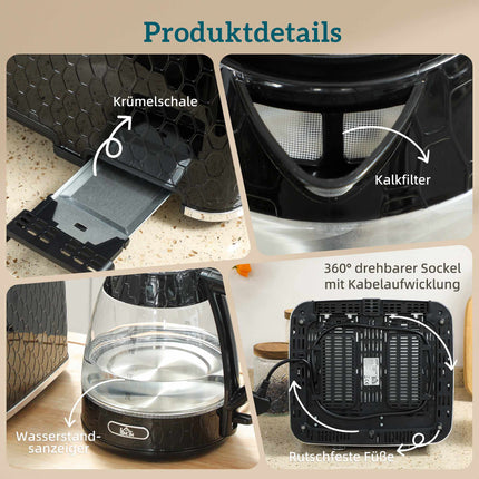 4-Scheiben-Toaster & 1,7L Wasserkocher-Set, Schwarz