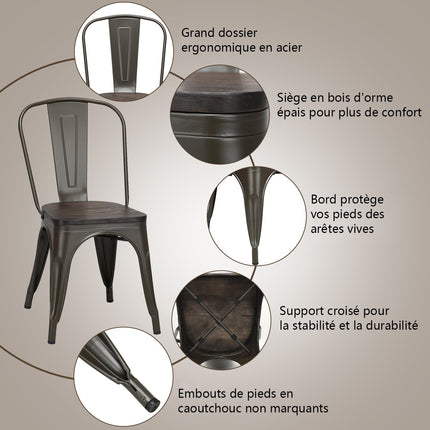 4 stapelbare Esszimmerstühle aus Metall mit Holzsitz, Gunmetal