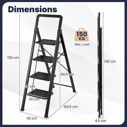 4-Step Folding Step Stool with Wide Anti-Slip Pedals, Black, 330 lbs Max Load