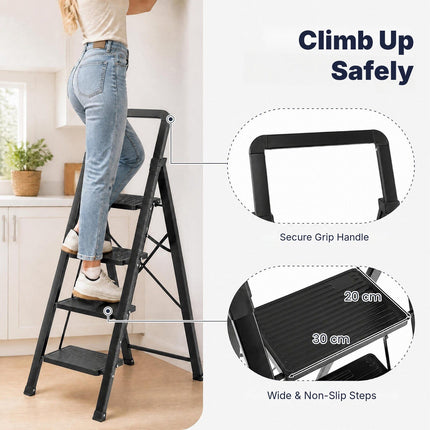 4-Step Folding Step Stool with Wide Anti-Slip Pedals, Black, 330 lbs Max Load