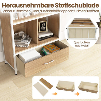 4-stöckiges Bücherregal mit offenen Regalen und Stoffschublade