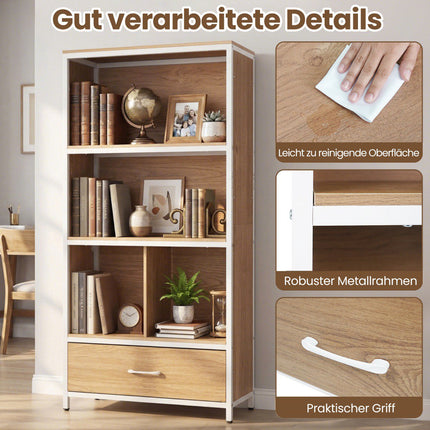 4-stöckiges Bücherregal mit offenen Regalen und Stoffschublade