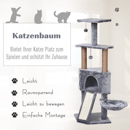 Katzenbaum, 4-stöckig mit Hängematte & Sisalstämmen, grau