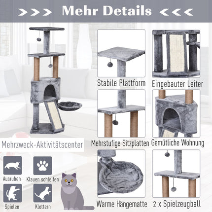 Katzenbaum, 4-stöckig mit Hängematte & Sisalstämmen, grau