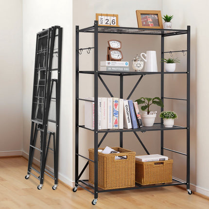 4-Tier Foldable Metal Storage Shelf, 36x21x60, 5 Wheels