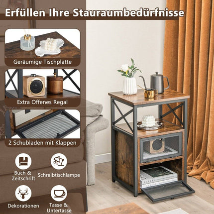 Table d'appoint industrielle à 4 niveaux avec 2 tiroirs pliables, 60,5 x 40 x 35 cm