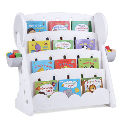 Étagère à livres pour enfants à 4 niveaux avec boîtes de rangement, étagère réversible