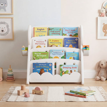 Étagère à livres pour enfants à 4 niveaux avec boîtes de rangement, étagère réversible