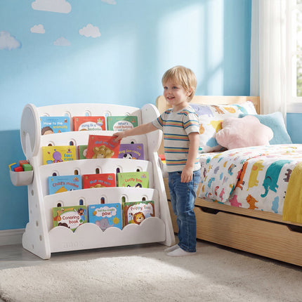 Étagère à livres pour enfants à 4 niveaux avec boîtes de rangement, étagère réversible