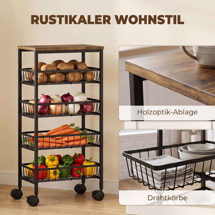 4-stöckiger Küchenwagen mit Körben und Rollen, Braun