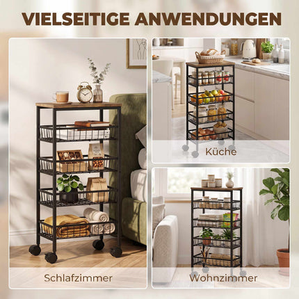4-stöckiger Küchenwagen mit Körben und Rollen, Braun