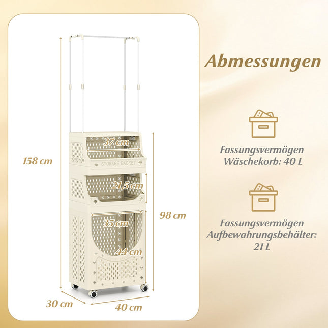 4-stöckiger Wäschewagen mit Kleiderstange, faltbar, Beige