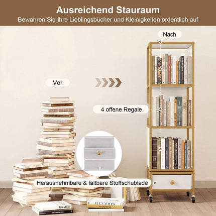 4-stöckiges drehbares Bücherregal mit Rollen und Stoffschublade