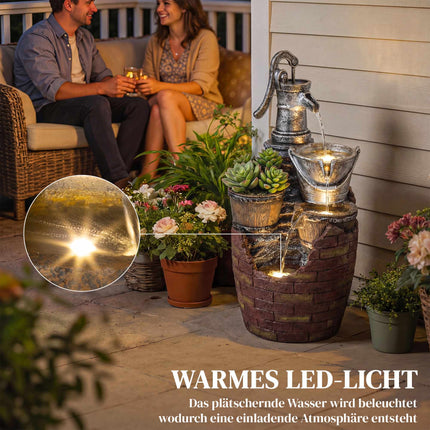 Fontaine de jardin rustique à 4 niveaux avec lumières LED et jardinière
