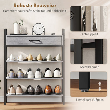 Étagère à chaussures à 4 niveaux avec tiroir, peut contenir 9 paires, gris