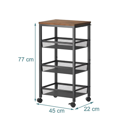 4-stöckiger schmaler Küchenwagen – Metall & MDF, mobiler Stauraum