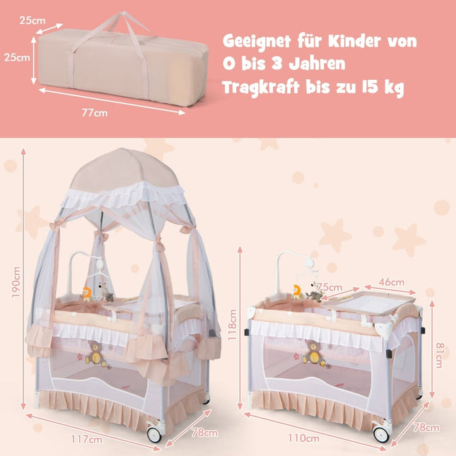 Lit de voyage bébé 4 en 1 avec auvent et matelas, rose