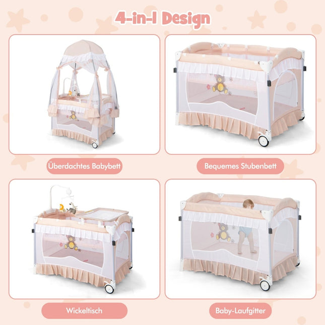 Lit de voyage bébé 4 en 1 avec auvent et matelas, rose