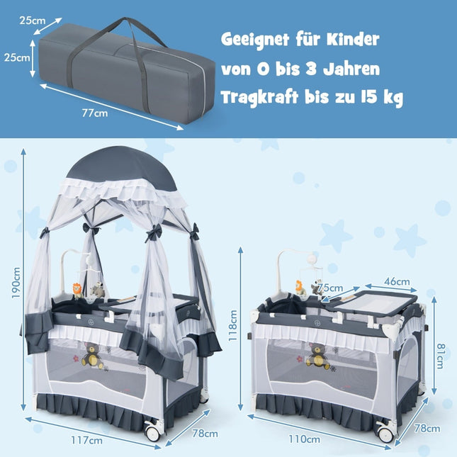 4-in-1 Baby-Reisebett mit Matratze und Verdeck, Grau