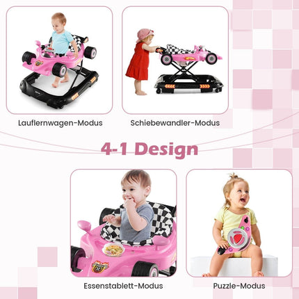 Trotteur 4 en 1 à hauteur réglable, motif voiture rose
