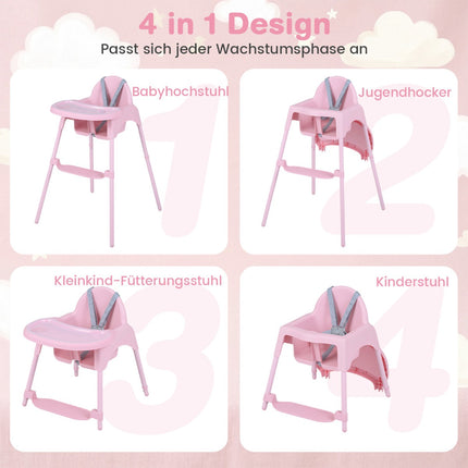 4-in-1 umwandelbarer Babyhochstuhl mit verstellbarem Tablett, Pink