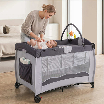 Parc pour bébé pliable 4 en 1 avec table à langer intégrée – Gris