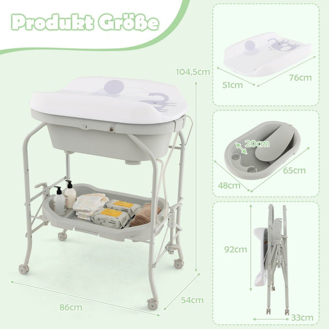 Table à langer pliante 4 en 1 avec baignoire Table à langer portable avec matelas à langer gris clair