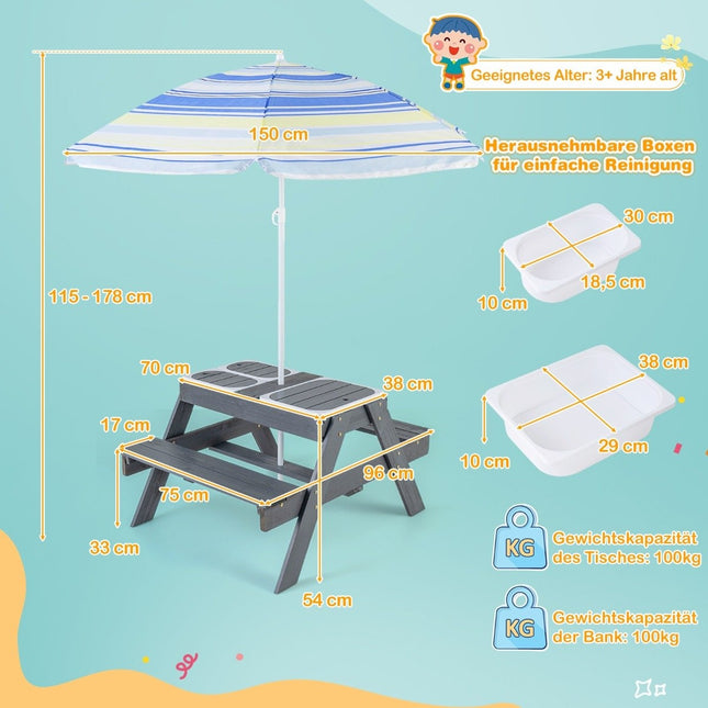 Ensemble de table de pique-nique 4 en 1 pour enfants avec 3 conteneurs amovibles pour table de jeu de sable/eau