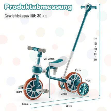 Tricycle 4 en 1 pour tout-petits avec poignée parentale, vert