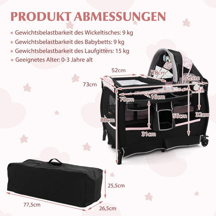Lit de voyage 4 en 1 avec matelas lit d'appoint rabattable avec ciel de lit réglable fleurs roses