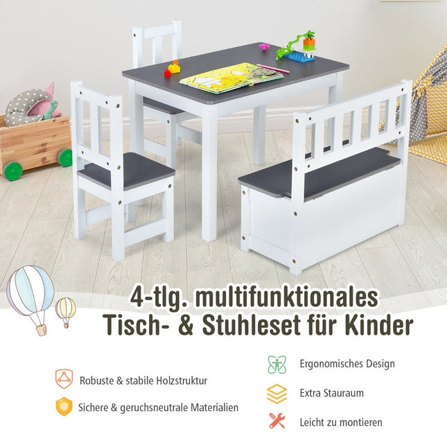 Groupe de sièges pour enfants 4 pièces Groupe de sièges en bois Groupe de table pour enfants gris + blanc