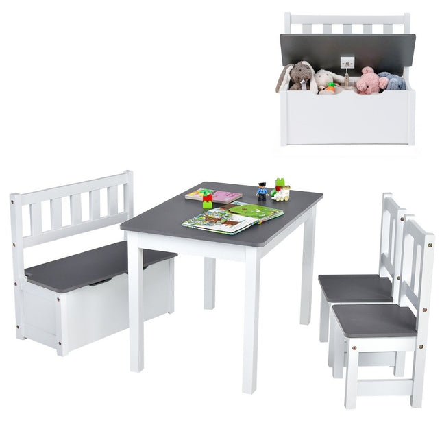 Groupe de sièges pour enfants 4 pièces Groupe de sièges en bois Groupe de table pour enfants gris + blanc