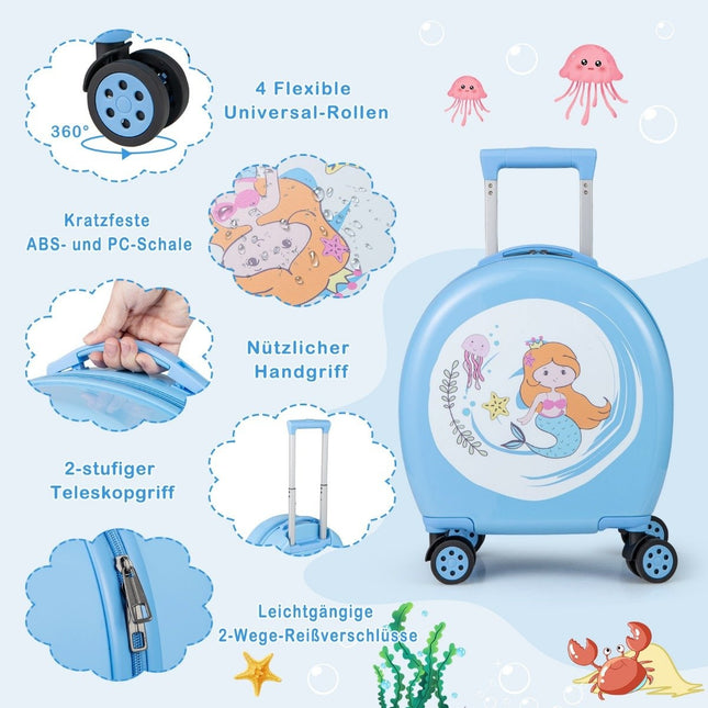 Valise enfant 4 pièces + sac à dos 10"+14" chariot enfant à roulettes bleu