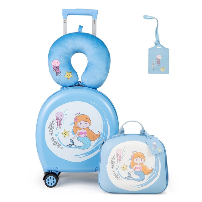 Valise enfant 4 pièces + sac à dos 10"+14" chariot enfant à roulettes bleu