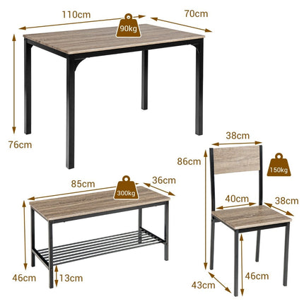 4-teiliges Esstisch-Set Küchentisch mit 2 Stühlen &amp; 1 Bank &amp; Regal Industrial Essgruppe Grau