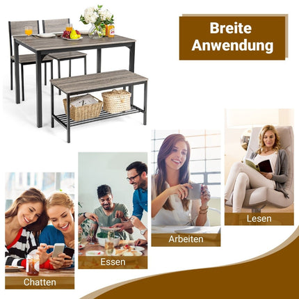 4-teiliges Esstisch-Set Küchentisch mit 2 Stühlen &amp; 1 Bank &amp; Regal Industrial Essgruppe Grau