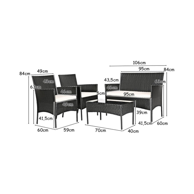 4-teiliges Gartenmöbel-Set Rattan Balkonmöbel-Set mit Sitzkissen für 4 Personen