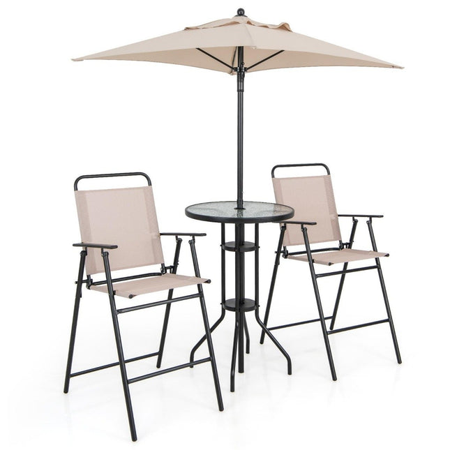4-teiliges Outdoor Barset runder Stehtisch mit 2 klappbaren Barhockern &amp; Sonnenschirm beige