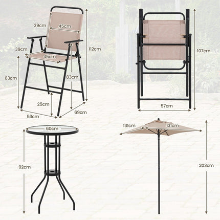 Ensemble de bar extérieur 4 pièces table de bar ronde avec 2 tabourets de bar pliants et parasol beige