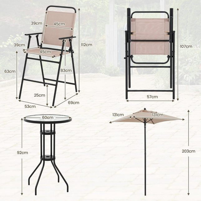 4-teiliges Outdoor Barset runder Stehtisch mit 2 klappbaren Barhockern &amp; Sonnenschirm beige