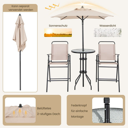 Ensemble de bar extérieur 4 pièces table de bar ronde avec 2 tabourets de bar pliants et parasol beige