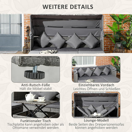 Rattan-Gartensitzgruppe mit Überdachung und verstellbarem Tisch