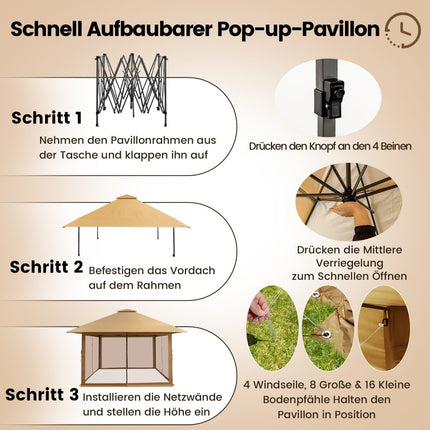 Pavillon extérieur 4x4m avec parois en filet, protection UV