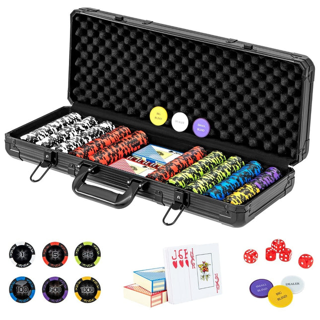 500-teiliges Poker-Set mit Laser-Chips, Karten, Würfeln, Koffer
